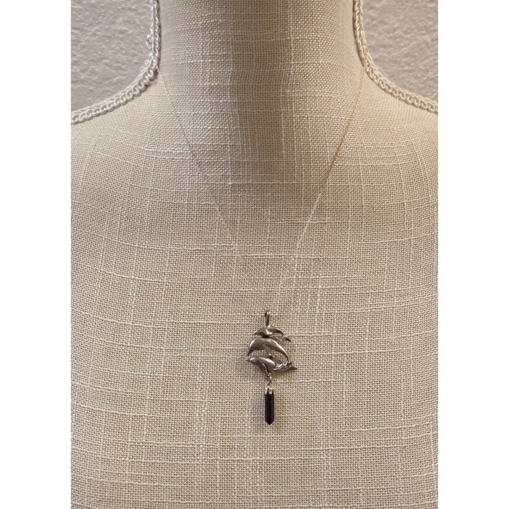 Unique Vintage Sterling Silver Onyx‎ 3 Dolphin Pendant 18" Sterling Chain